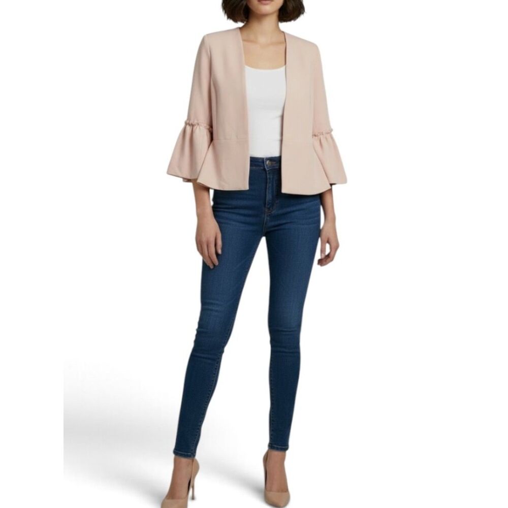 Emma & Olivia Pink Open Front Blazer Long Flounce Ruffle Bell Sleeve Medium M